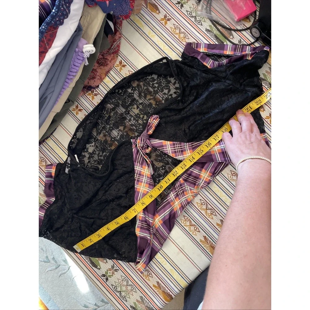 Four Piece Women's Bedroom Outfit Shorts, Low Top - Purple Plaid Black Lace NWOT